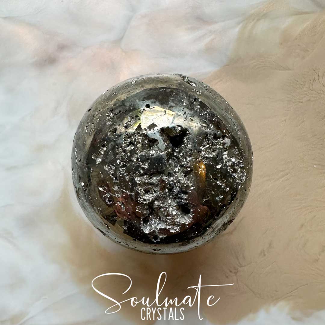 Soulmate Crystals Pyrite Polished Crystal Sphere, Golden Metallic Stone for Wealth, Manifestation.