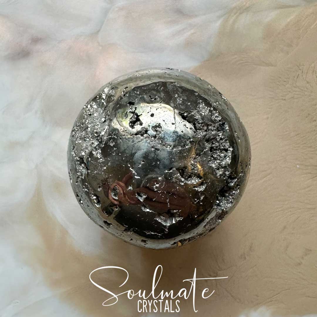 Soulmate Crystals Pyrite Polished Crystal Sphere, Golden Metallic Stone for Wealth, Manifestation.