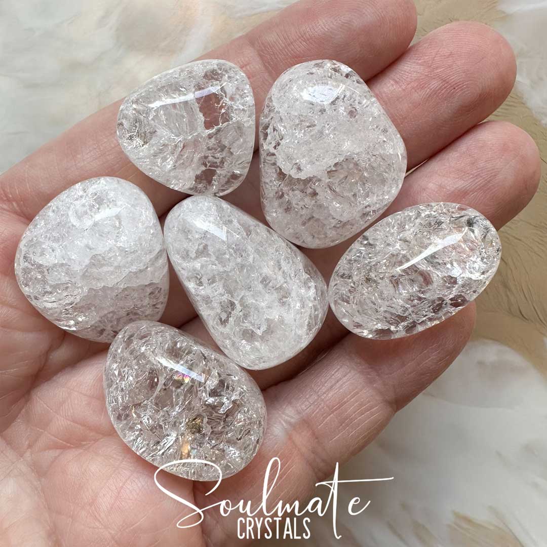 Soulmate Crystals Crackle Quartz Tumbled Stone, Clear Quartz Crackled Stone for Positivity, Clarity, Inspiration