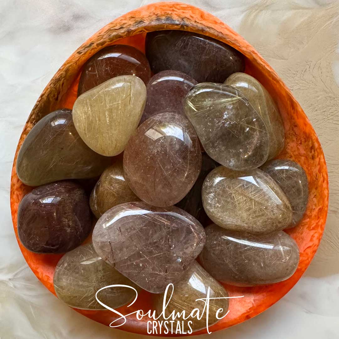 Soulmate Crystals Quartz Rutilated Gold Red Tumbled Stone, Rutile included Clear Quartz for Manifestation, Restoration, Cosmic Light, Creative Power.