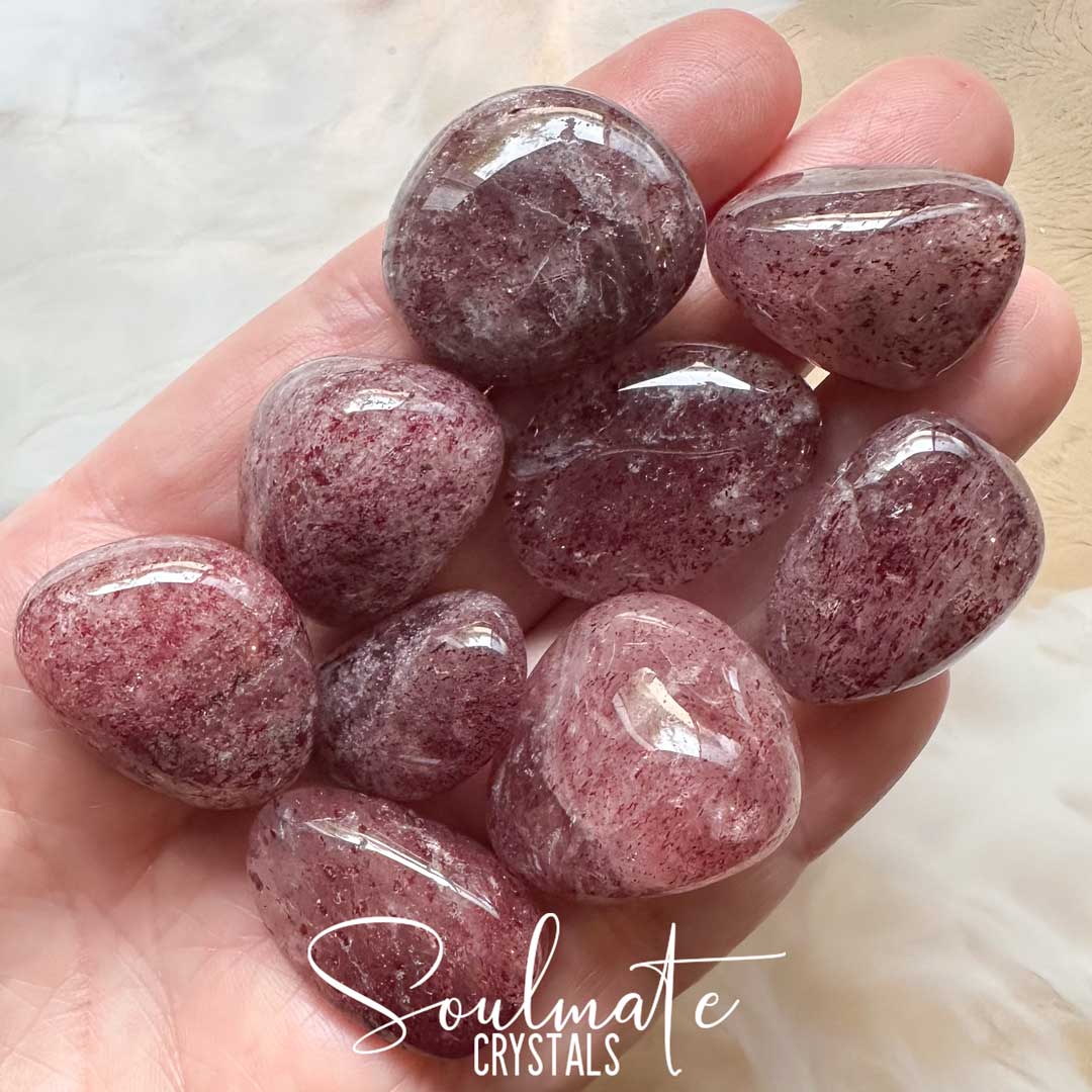 Soulmate Crystals Strawberry Quartz Tumbled Stone, Hematite Inclusion Rose Pink Speckled Crystal for Self-Esteem, Love, Kindness, Gratitude.