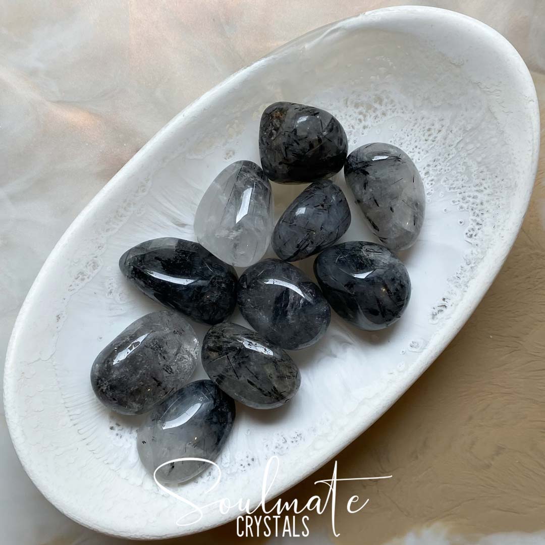 QUARTZ TOURMALINATED BLACK TUMBLED STONE GRADE A