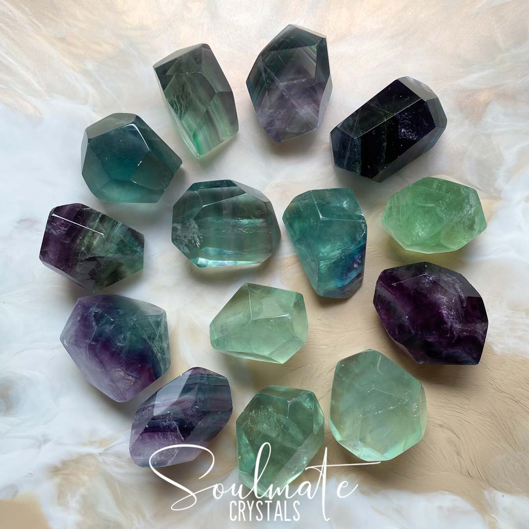 Soulmate Crystals Rainbow Fluorite Polished Crystal Freeform, Purple, Green, Blue, Clear Crystal for Clarifying Thoughts, Decision Making, Mental Agility