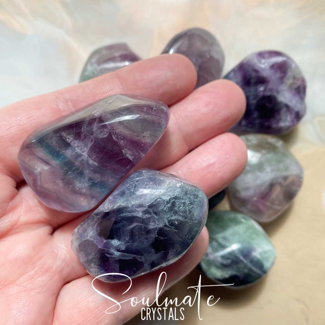 Soulmate Crystals Rainbow Fluorite Polished Pebble, Purple, Green Fluorite Crystal for Study, Focused Thinking, Mental Agility, Palm Stone.