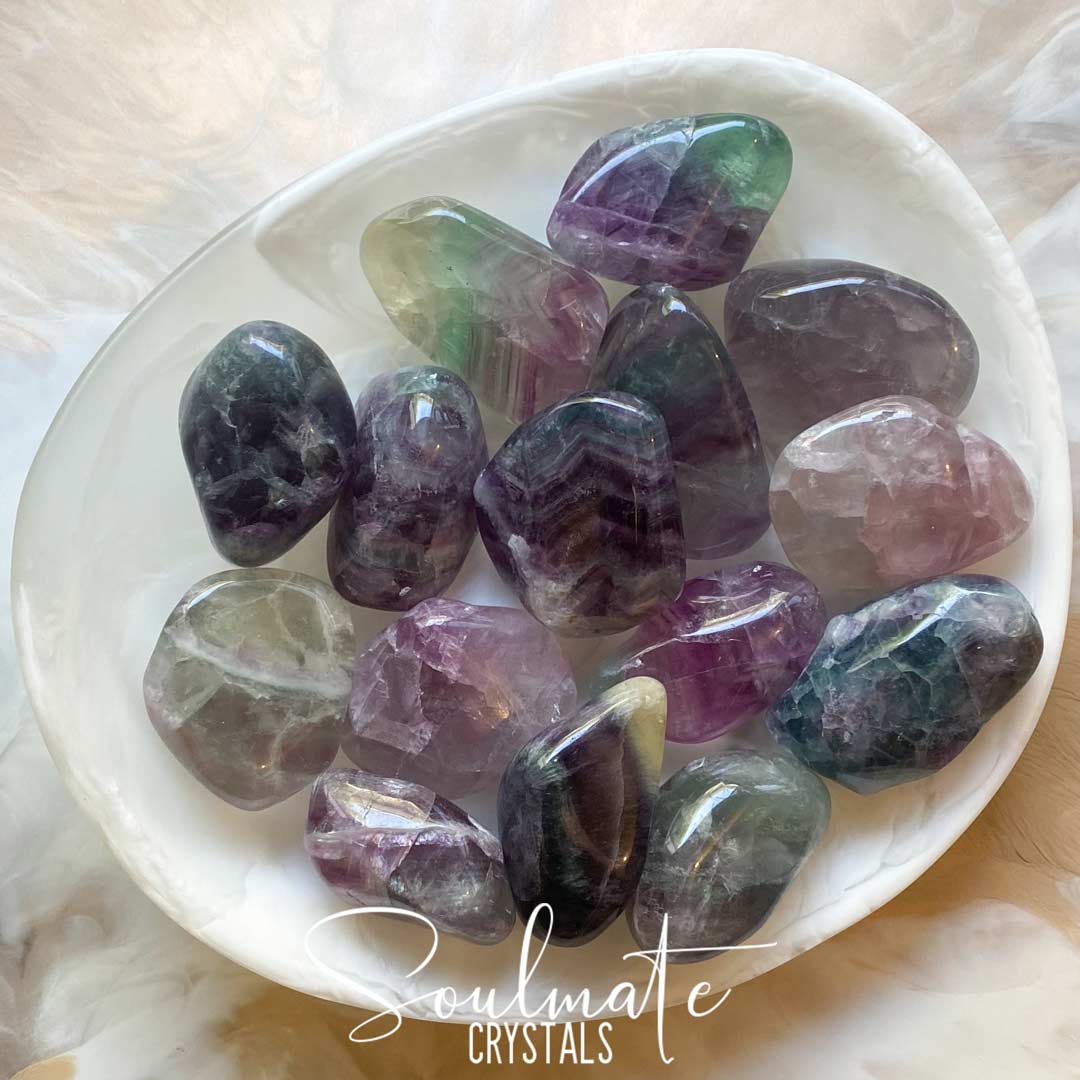 Soulmate Crystals Rainbow Fluorite Polished Pebble, Purple, Green Fluorite Crystal for Study, Focused Thinking, Mental Agility, Palm Stone.