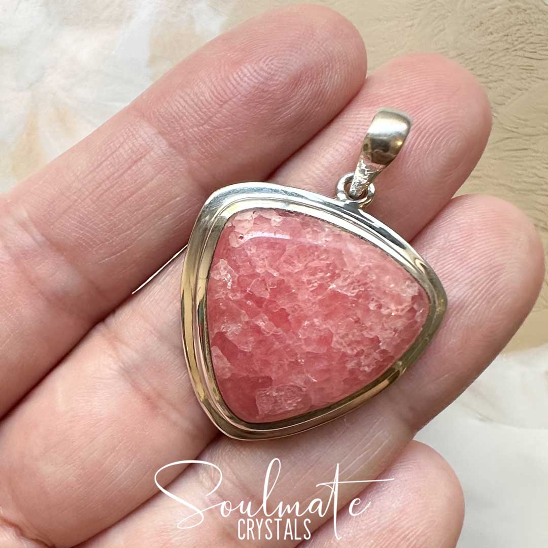 Soulmate Crystals Rhodochrosite Polished Crystal Pendant Rounded Triangle Sterling Silver Grade AA, Rose Pink Banded Crystal for Self-Love, Compassion, Kindness, Pendant, Jewellery, Jewelry, Wearable Crystal Jewellery.