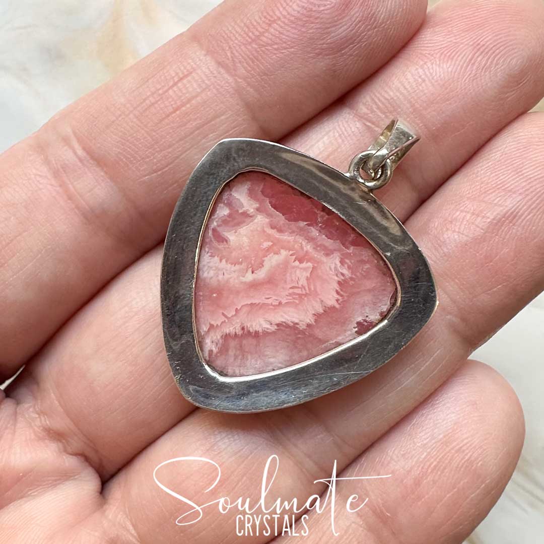 Soulmate Crystals Rhodochrosite Polished Crystal Pendant Rounded Triangle Sterling Silver Grade AA, Rose Pink Banded Crystal for Self-Love, Compassion, Kindness, Pendant, Jewellery, Jewelry, Wearable Crystal Jewellery.