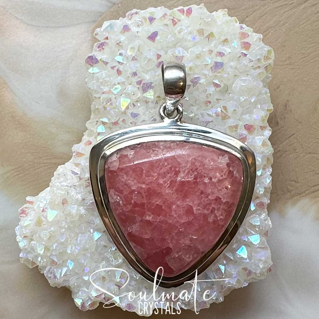 Soulmate Crystals Rhodochrosite Polished Crystal Pendant Rounded Triangle Sterling Silver Grade AA, Rose Pink Banded Crystal for Self-Love, Compassion, Kindness, Pendant, Jewellery, Jewelry, Wearable Crystal Jewellery.