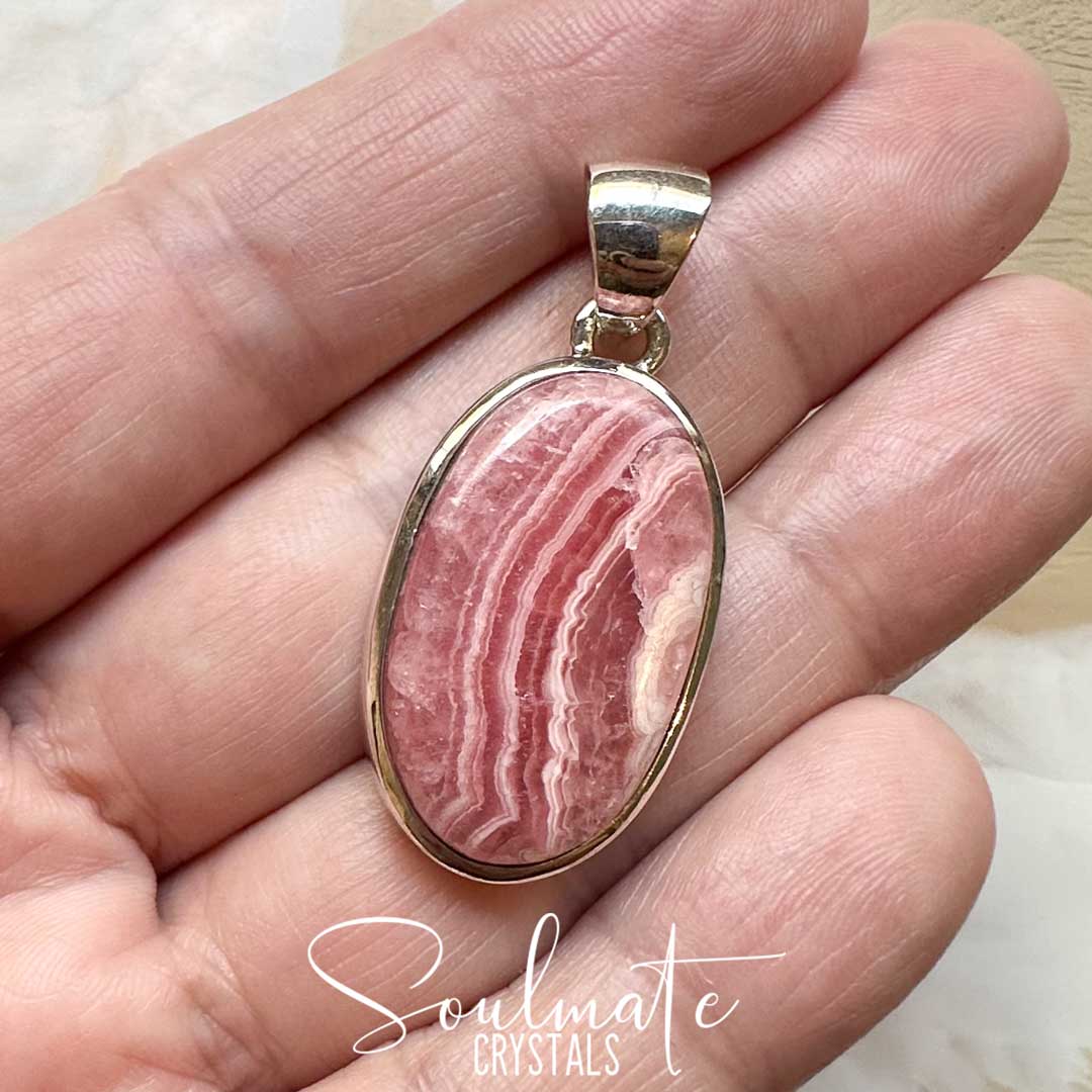 Soulmate Crystals Rhodochrosite Polished Crystal Pendant Oval Sterling Silver Grade AA, Rose Pink Banded Crystal for Self-Love, Compassion, Kindness, Pendant, Jewellery, Jewelry, Wearable Crystal Jewellery.