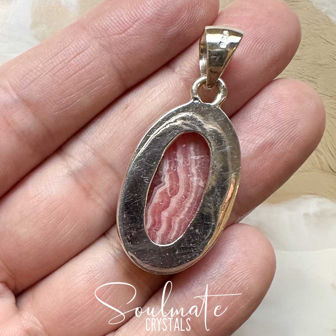 Soulmate Crystals Rhodochrosite Polished Crystal Pendant Oval Sterling Silver Grade AA, Rose Pink Banded Crystal for Self-Love, Compassion, Kindness, Pendant, Jewellery, Jewelry, Wearable Crystal Jewellery.