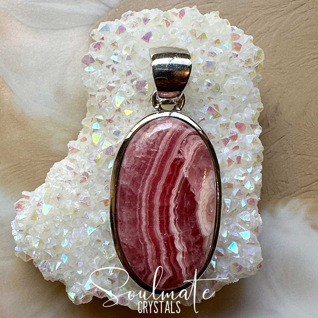 Soulmate Crystals Rhodochrosite Polished Crystal Pendant Oval Sterling Silver Grade AA, Rose Pink Banded Crystal for Self-Love, Compassion, Kindness, Pendant, Jewellery, Jewelry, Wearable Crystal Jewellery.