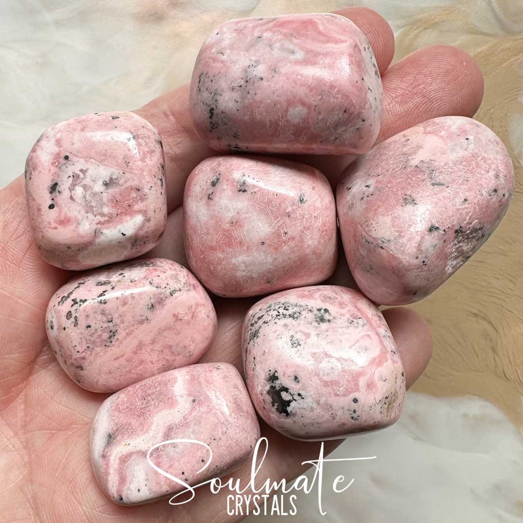 Soulmate Crystals Rhodonite Peruvian Tumbled Stone, Light Bubblegum Pink Crystal for Unconditional Love, Forgiveness, Self-Worth, Passion.