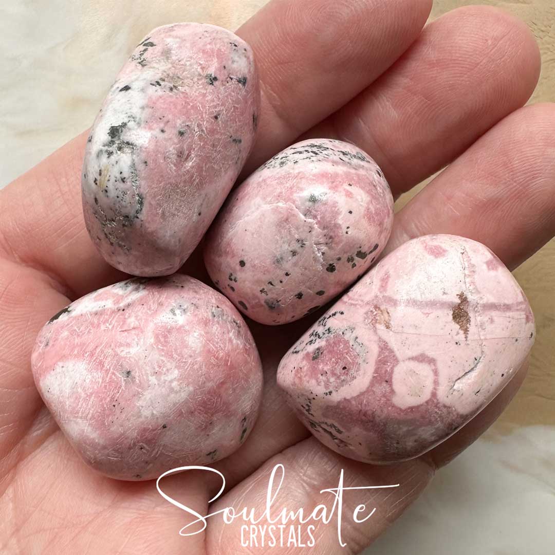 Soulmate Crystals Rhodonite Peruvian Tumbled Stone, Light Bubblegum Pink Crystal for Unconditional Love, Forgiveness, Self-Worth, Passion.