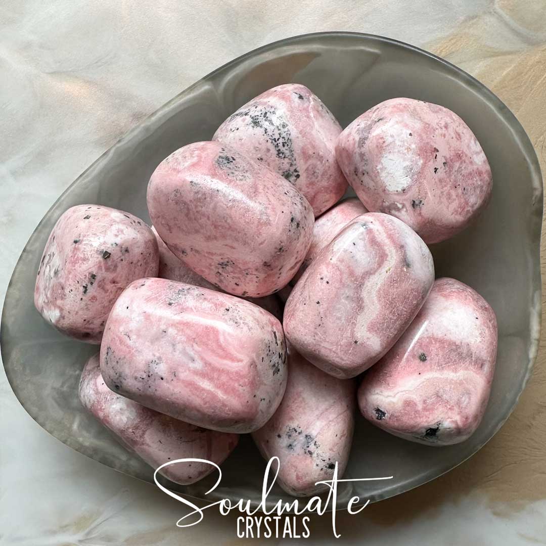 Soulmate Crystals Rhodonite Peruvian Tumbled Stone, Light Bubblegum Pink Crystal for Unconditional Love, Forgiveness, Self-Worth, Passion.