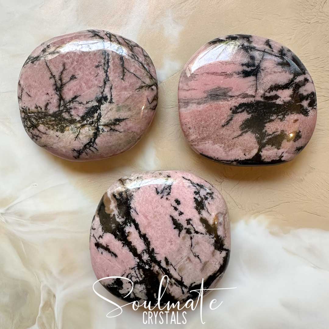 Soulmate Crystals Rhodonite Polished Palm Stone, Pink Crystal for Unconditional Love, Forgiveness, Self-Worth, Passion