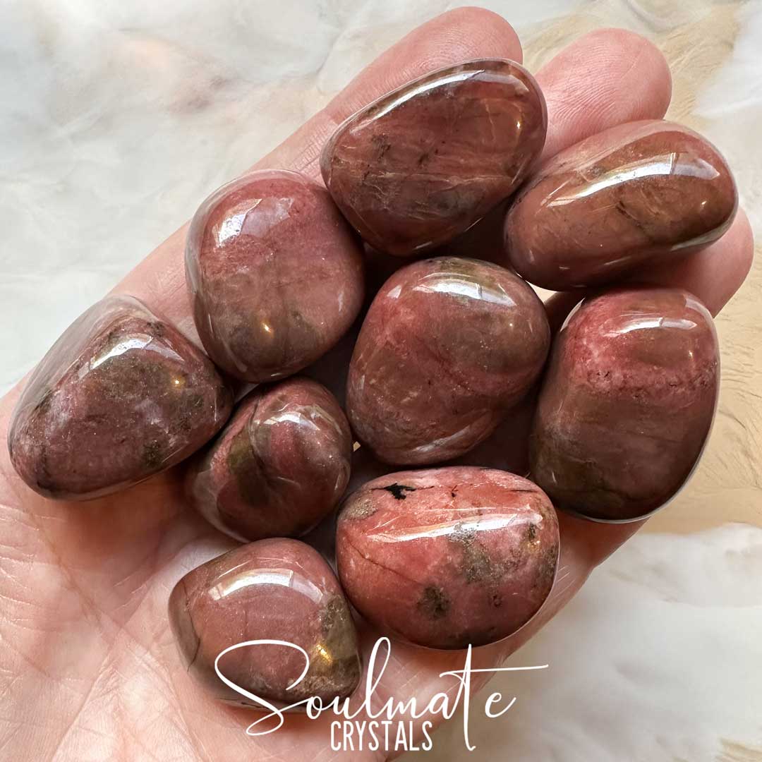 Soulmate Crystals Rhodonite Rosewood Tumbled Stone, Deep Rose Pink Crystal for Unconditional Love, Forgiveness, Self-Worth, Passion.