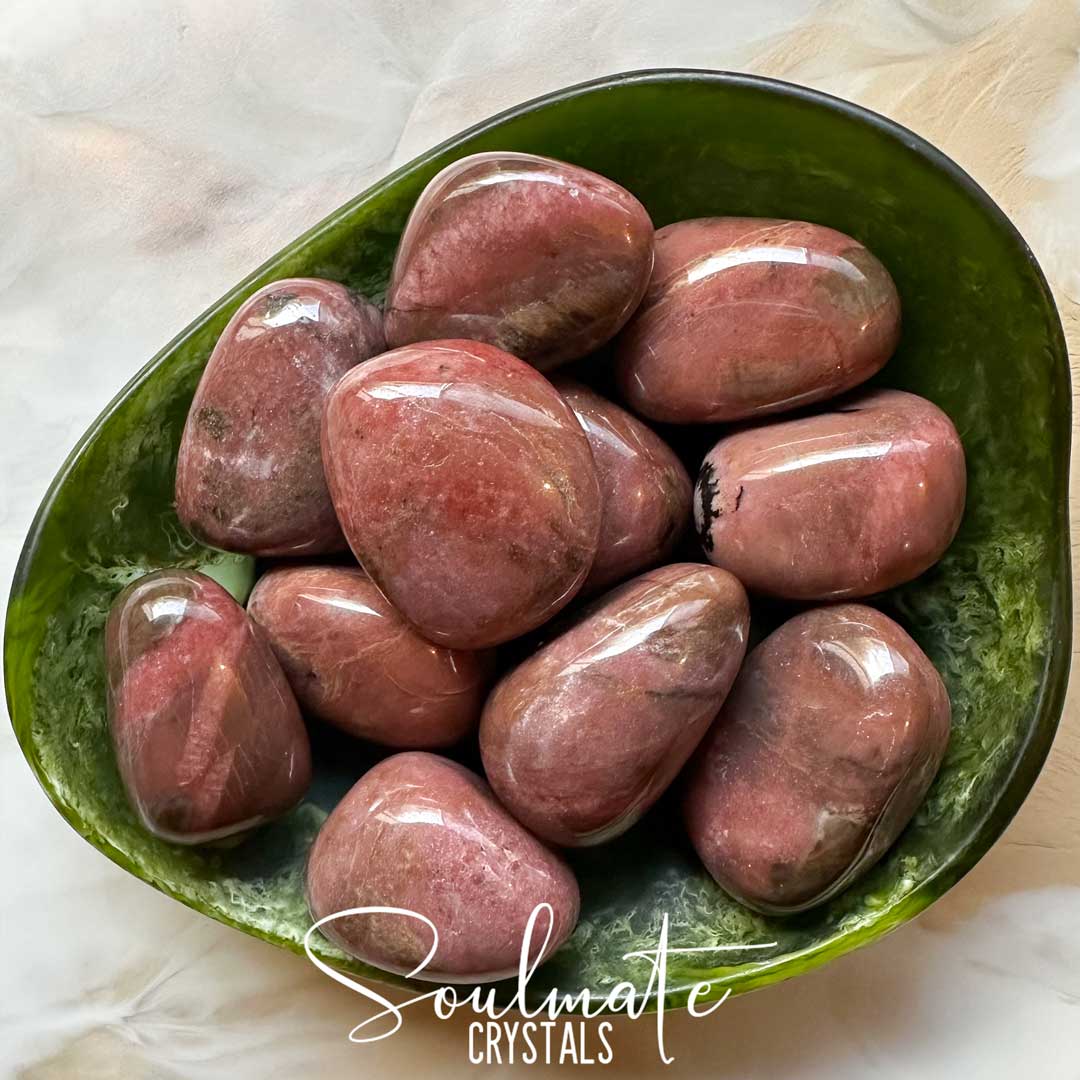 Soulmate Crystals Rhodonite Rosewood Tumbled Stone, Deep Rose Pink Crystal for Unconditional Love, Forgiveness, Self-Worth, Passion.