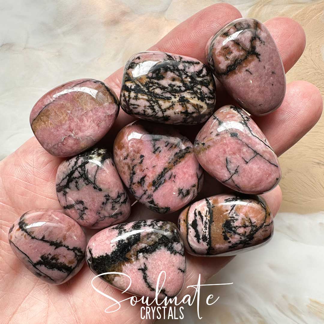 Soulmate Crystals Rhodonite Tumbled Stone, Pink Crystal Black Manganese Veining for Unconditional Love, Forgiveness, Self-Worth, Passion.