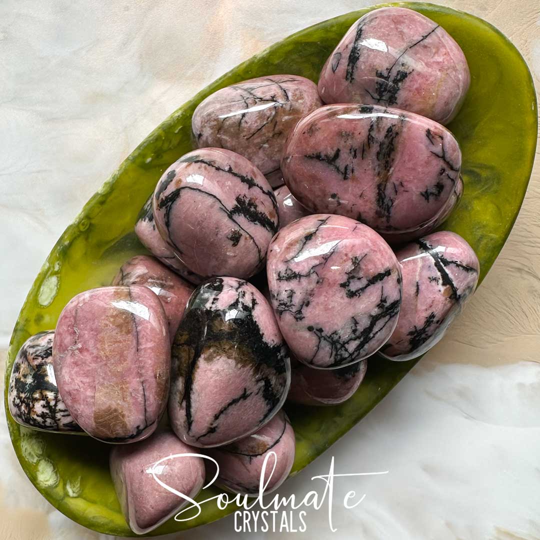 Soulmate Crystals Rhodonite Tumbled Stone, Pink Crystal Black Manganese Veining for Unconditional Love, Forgiveness, Self-Worth, Passion.