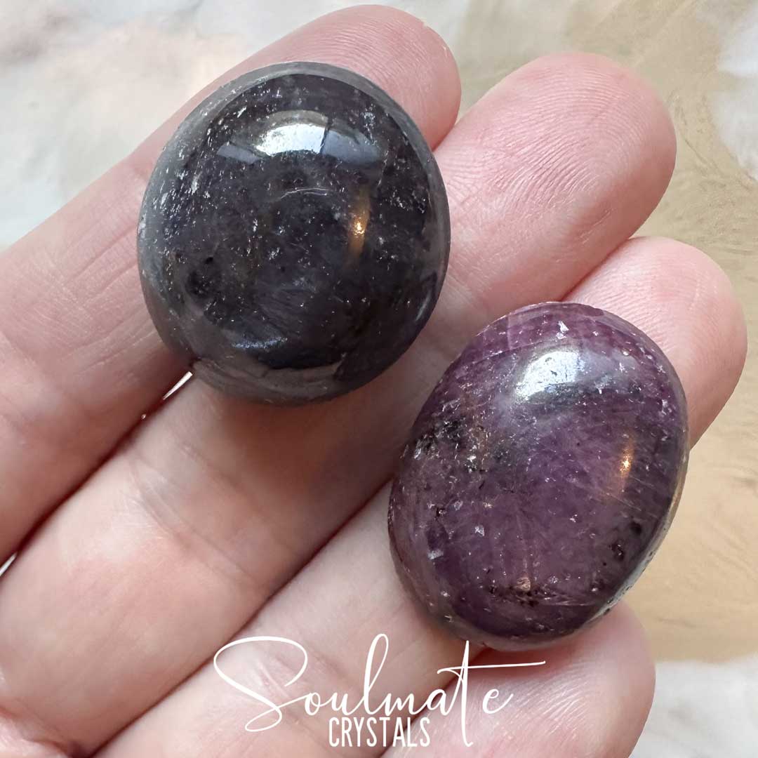 Soulmate Crystals Ruby Corundum Star Polished Crystal Cabachon, Ruby-Red, Ruby Purple Crystal with Star Asterism for Emotional Harmony, Wellbeing, Love, Passion, Precious Gemstone.