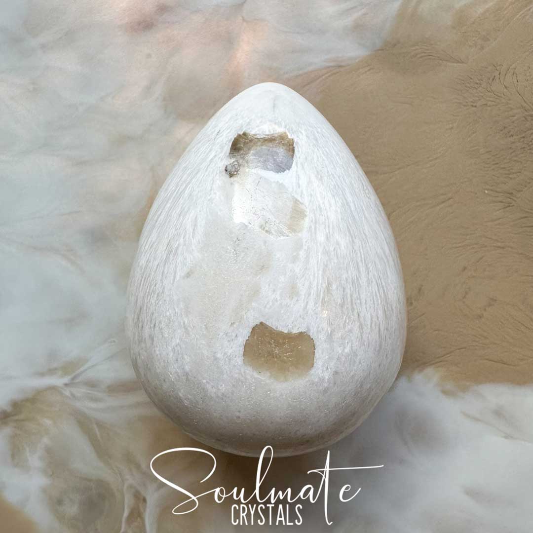 Soulmate Crystals Scolecite Polished Crystal Egg, White Zeolite Crystal for Spiritual Communication, Inner Peace, Transformation, High Vibration, Tranquility.