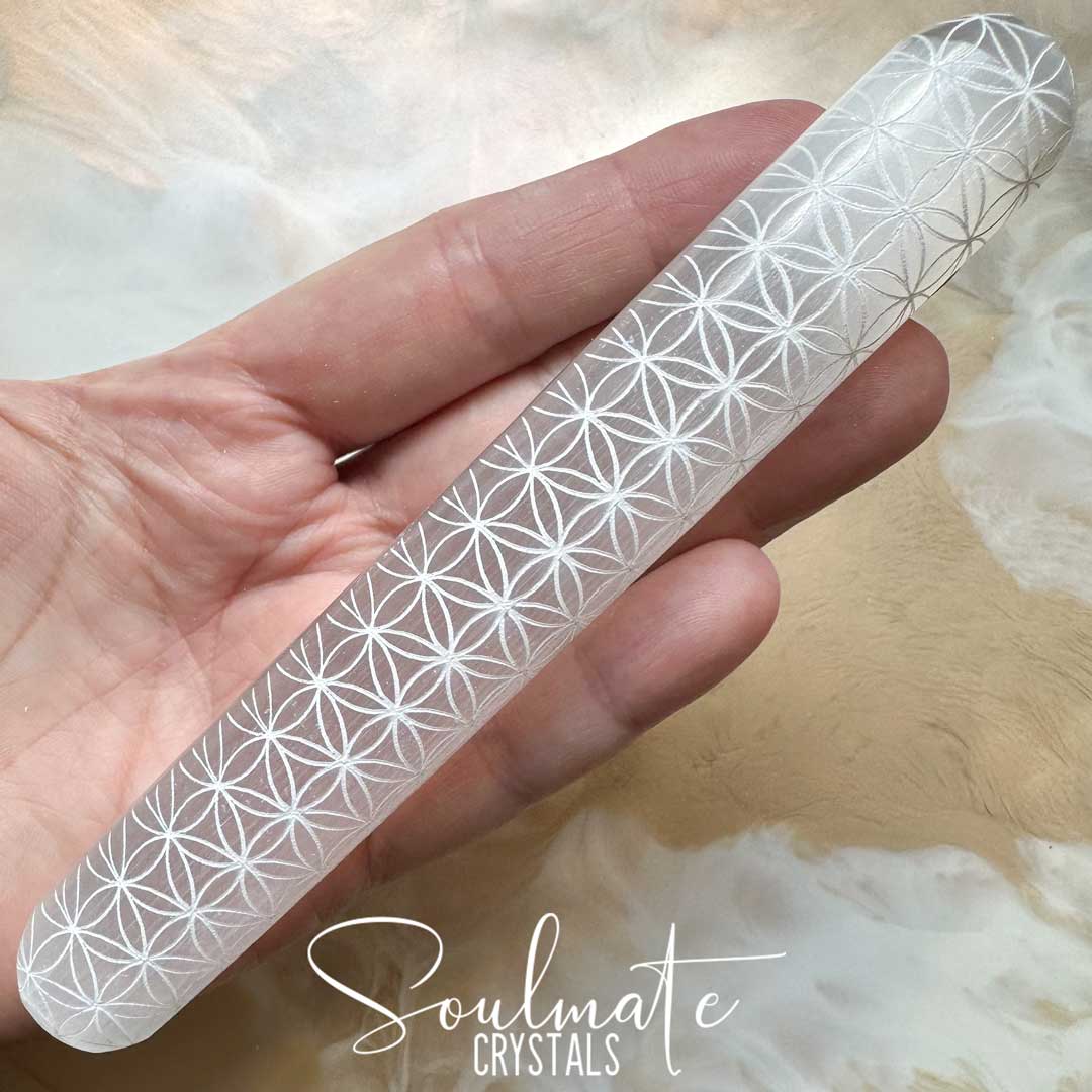 Soulmate Crystals White Selenite Polished Crystal Rounded Tip Wand, White Gypsum Crystal Wand for Energetic Cleansing, Etched Flower of Life Pattern.
