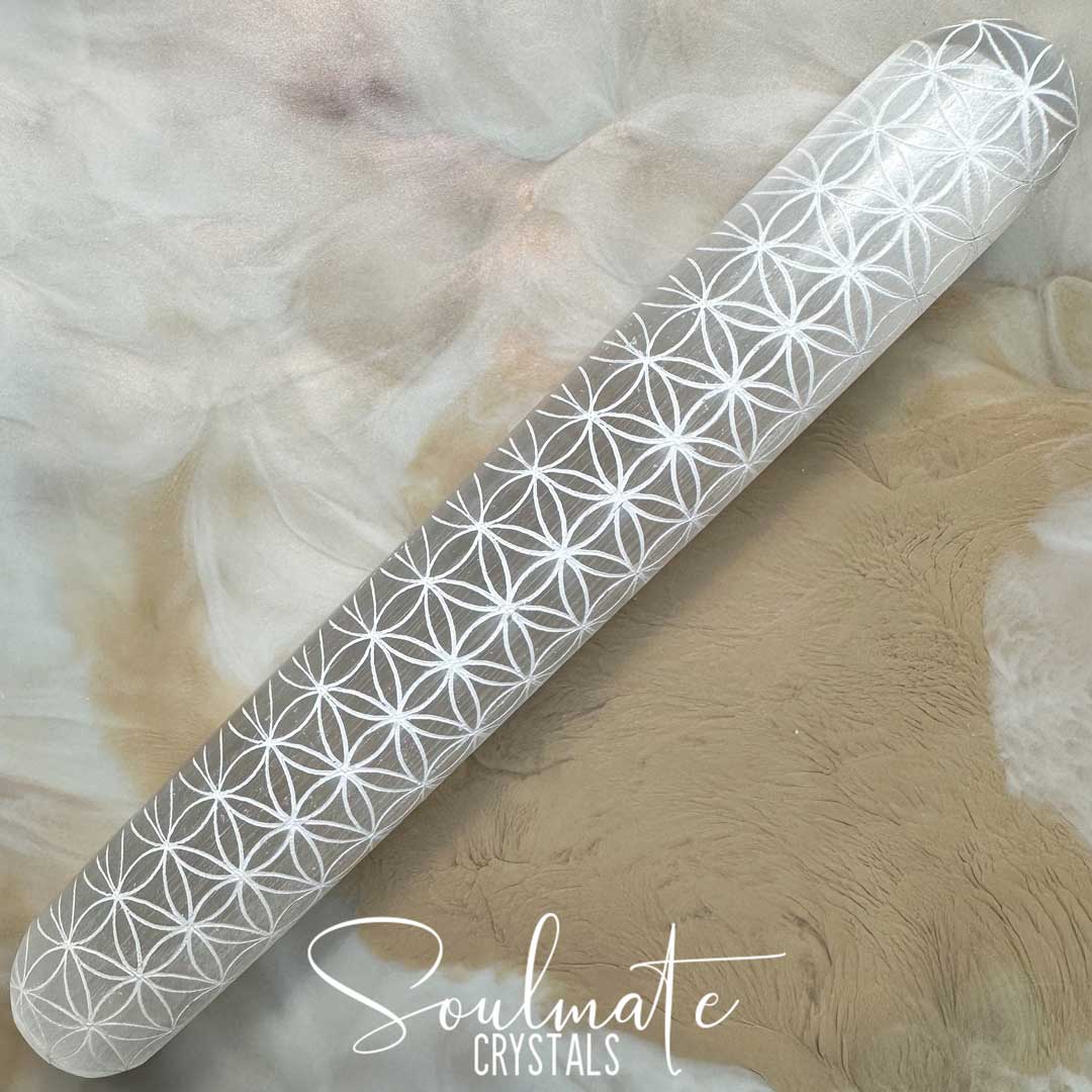 Soulmate Crystals White Selenite Polished Crystal Rounded Tip Wand, White Gypsum Crystal Wand for Energetic Cleansing, Etched Flower of Life Pattern.