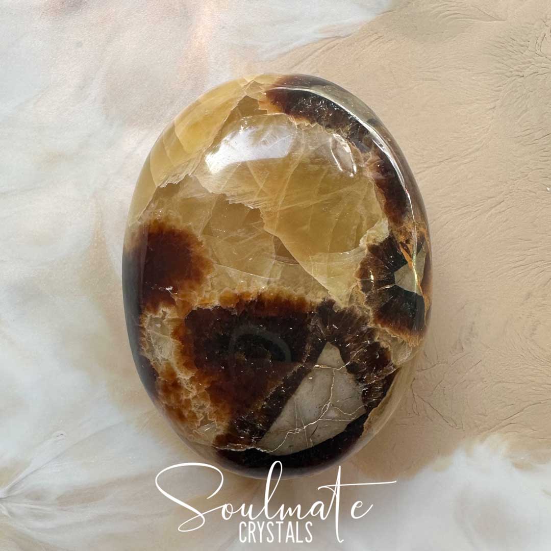 Soulmate Crystals Septarian Nodule Polished Crystal Palm Stone, Yellow Crystal for Emotional Wellbeing, Self-Kindness, Protection, Comfort.