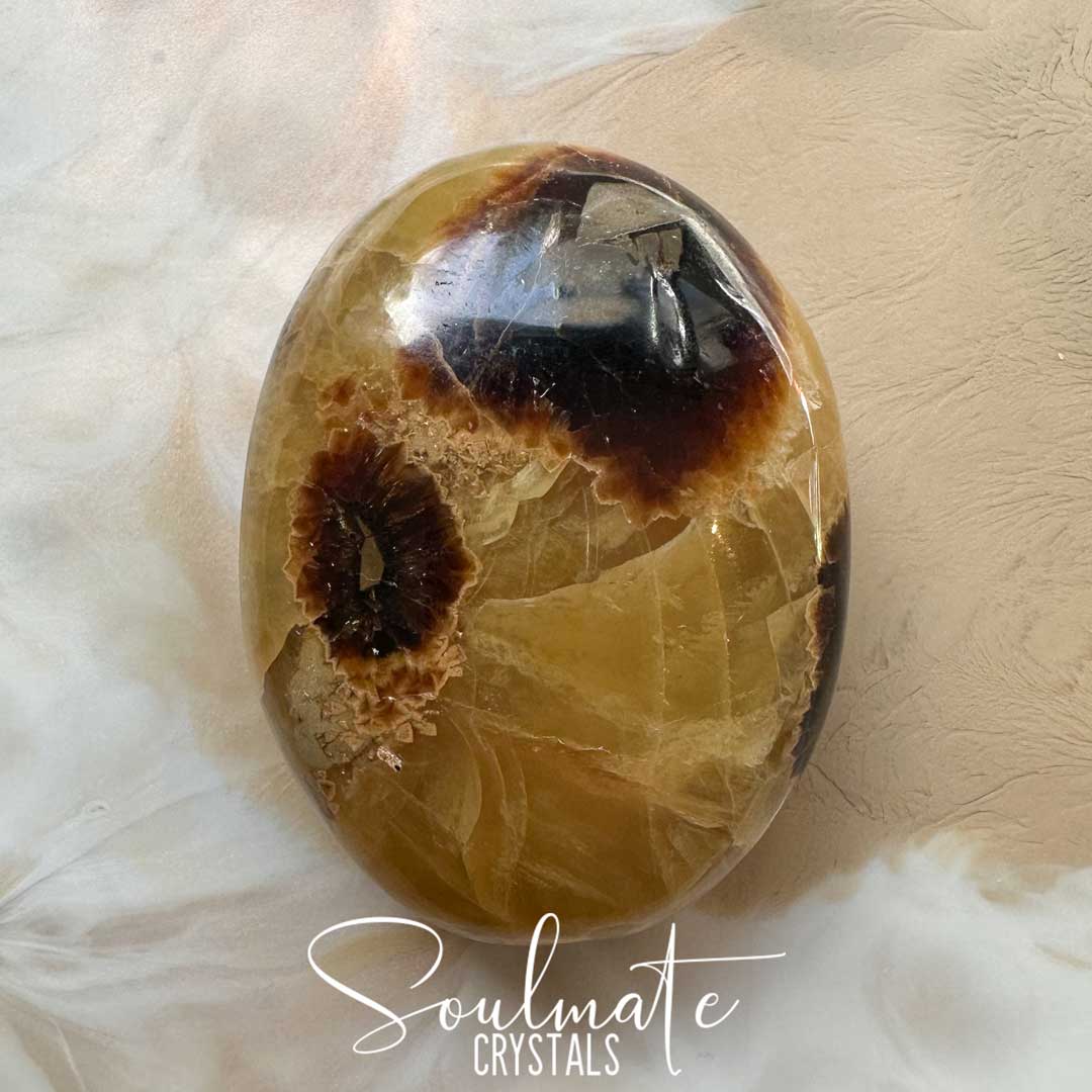 Soulmate Crystals Septarian Nodule Polished Crystal Palm Stone, Yellow Crystal for Emotional Wellbeing, Self-Kindness, Protection, Comfort.