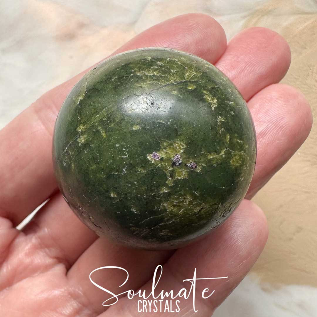 Soulmate Crystals Atlantisite Polished Crystal Sphere, Serpentine Green Crystal with Stitchtite Purple Crystal Inclusions for Wisdom, Compassion and Forgiveness, Extra Quality Grade Rare Australian Mineral