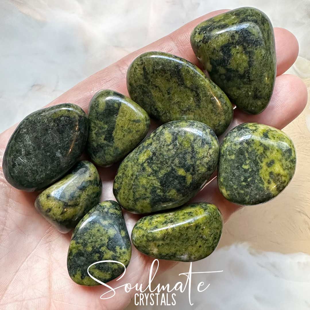 Soulmate Crystals Serpentine Green Tumbled Stone SCG, Polished Olive, Dark Green Stone, Crystal for Vitality, Rejuvenation, Transformation, Rebirth.