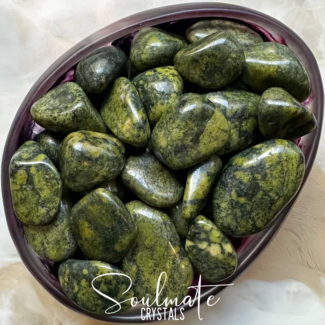 Soulmate Crystals Serpentine Green Tumbled Stone SCG, Polished Olive, Dark Green Stone, Crystal for Vitality, Rejuvenation, Transformation, Rebirth.