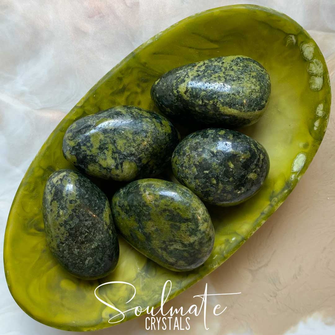 Soulmate Crystals Green Serpentine Tumbled Stone, Polished Olive Green Stone, Crystal for Vitality, Rejuvenation, Transformation, Rebirth.