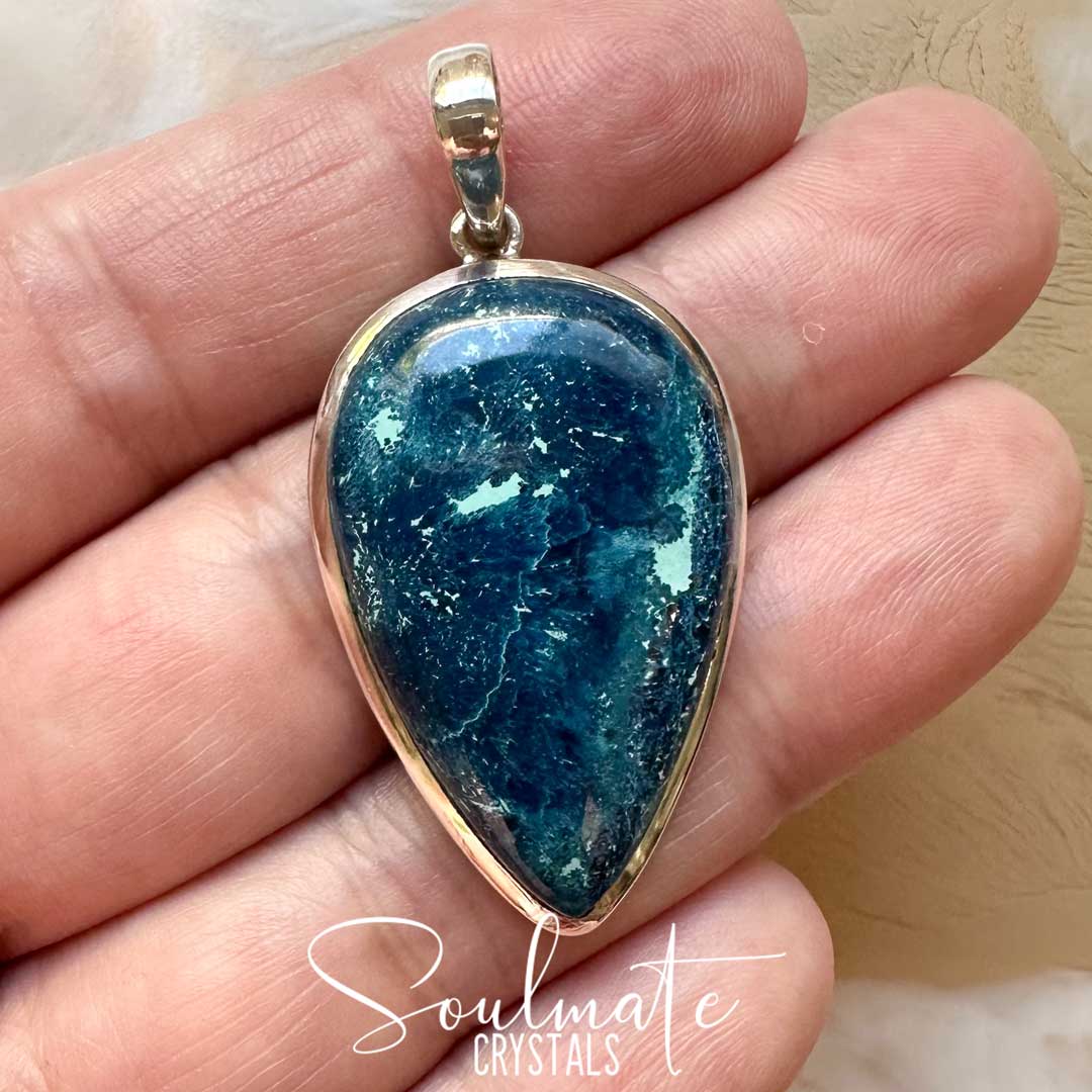 Soulmate Crystals Shattuckite Polished Crystal Pendant Reverse Teardrop Sterling Silver Grade AA, Light Dark Blue Crystal for Liberation and Wisdom, Pendant, Jewellery, Jewelry, Wearable Crystal Jewellery.