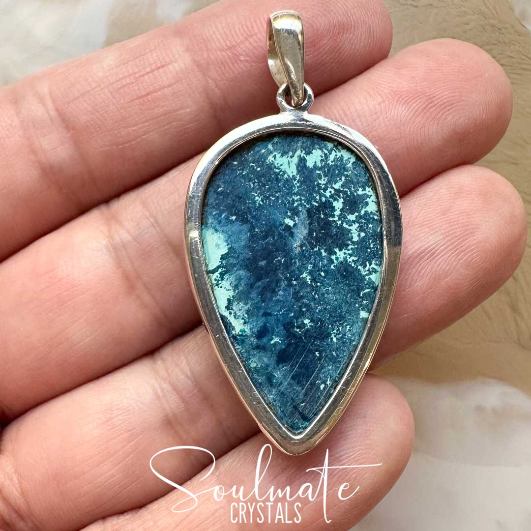 Soulmate Crystals Shattuckite Polished Crystal Pendant Reverse Teardrop Sterling Silver Grade AA, Light Dark Blue Crystal for Liberation and Wisdom, Pendant, Jewellery, Jewelry, Wearable Crystal Jewellery.