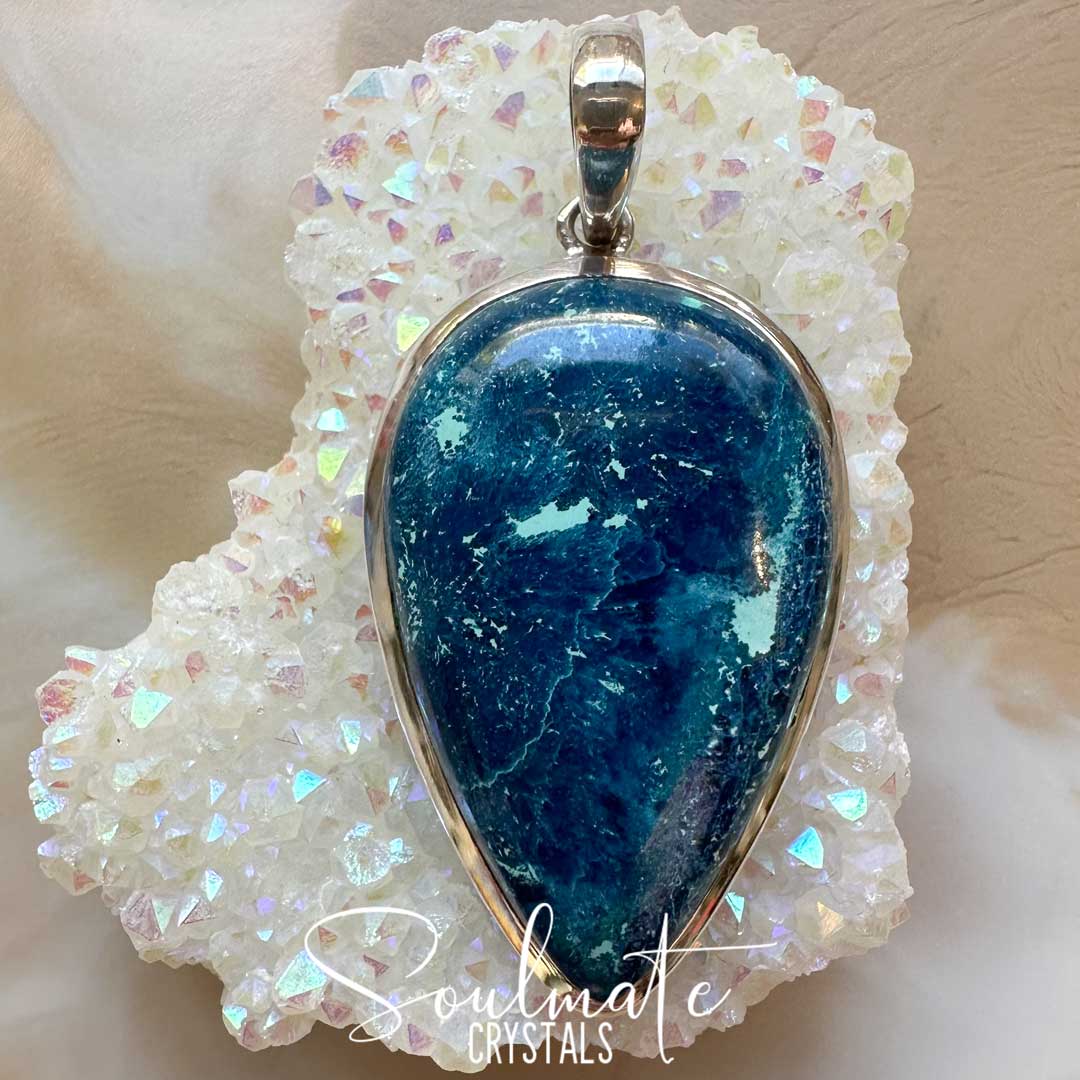 Soulmate Crystals Shattuckite Polished Crystal Pendant Reverse Teardrop Sterling Silver Grade AA, Light Dark Blue Crystal for Liberation and Wisdom, Pendant, Jewellery, Jewelry, Wearable Crystal Jewellery.