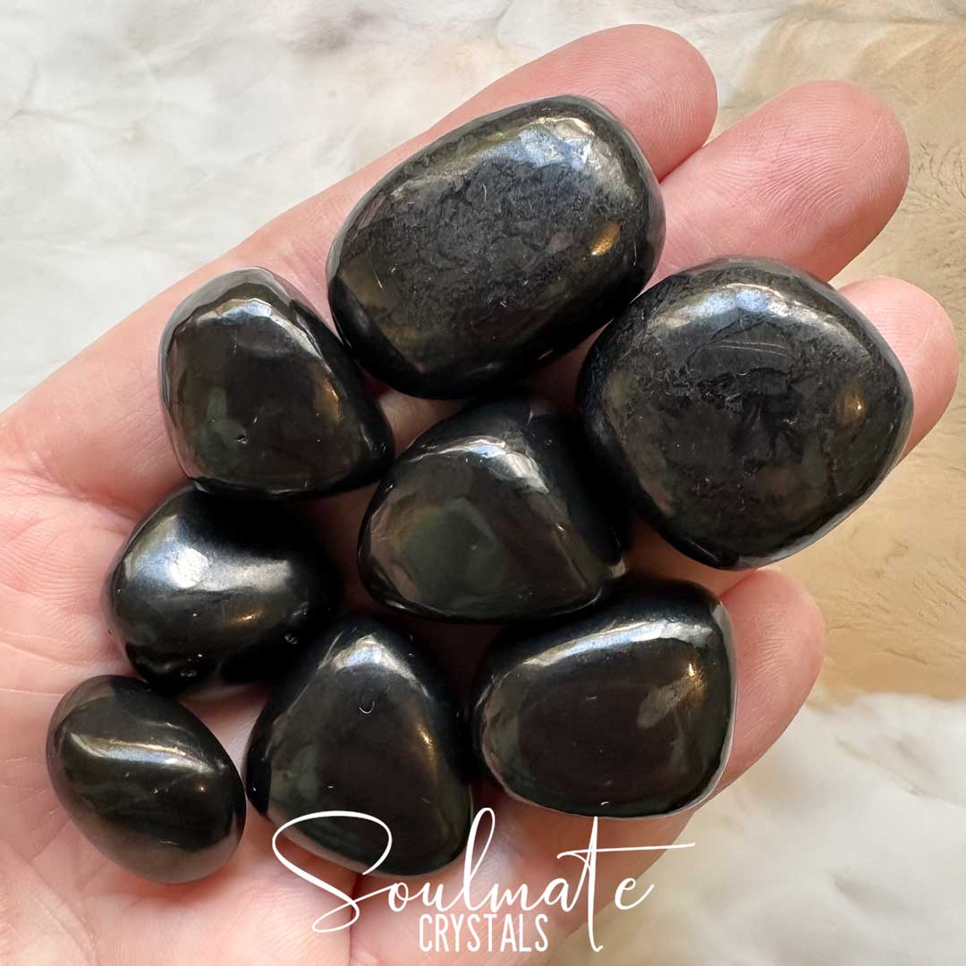 Soulmate Crystals Shungite Tumbled Stone, Black Polished Fullerene Crystal for Wellness, EMF Protection, Grounding, Wellbeing.