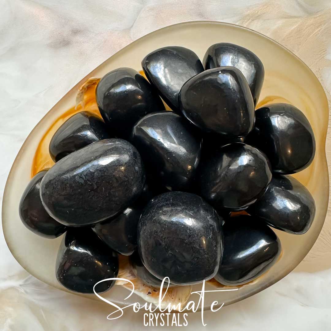 Soulmate Crystals Shungite Tumbled Stone, Black Polished Fullerene Crystal for Wellness, EMF Protection, Grounding, Wellbeing.