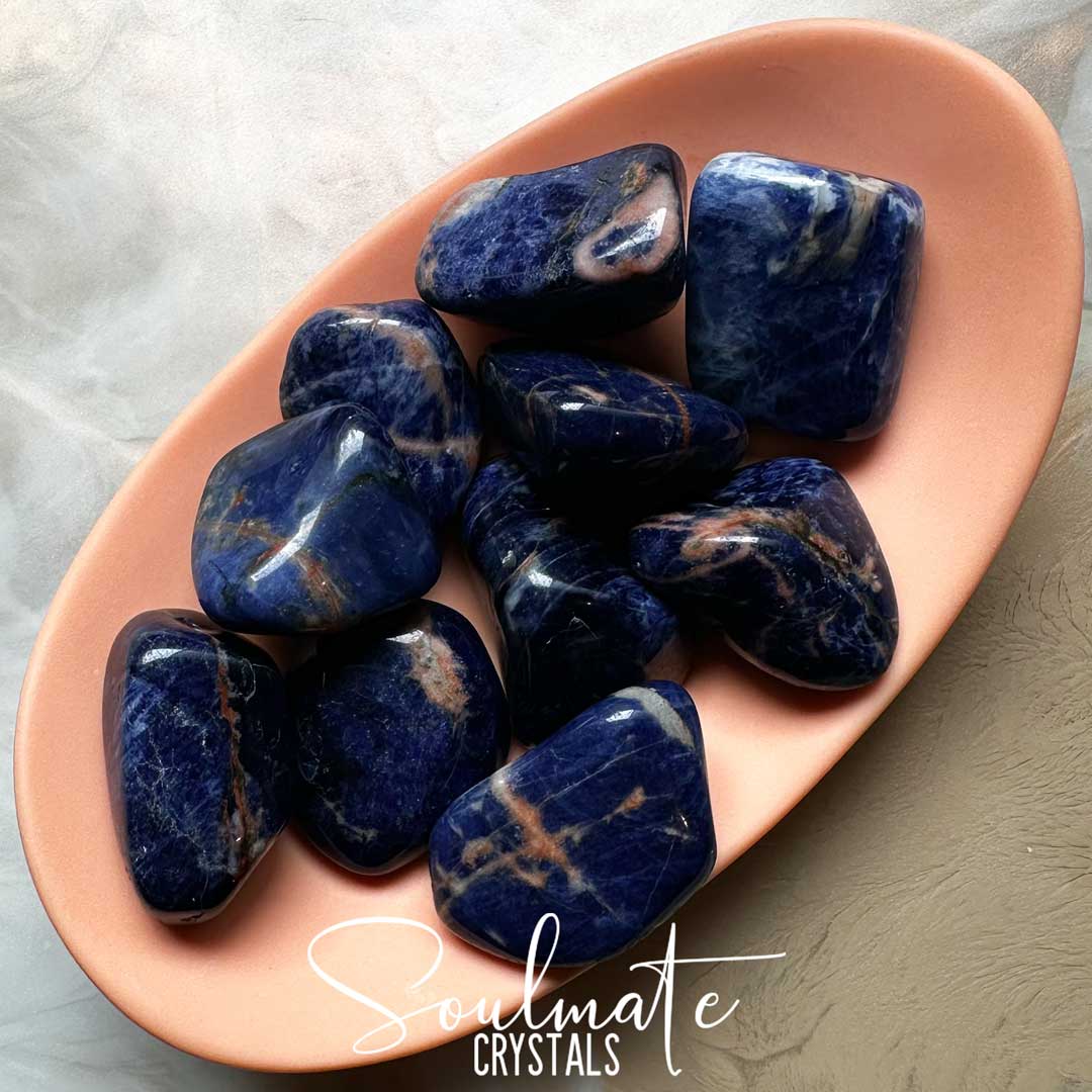 Soulmate Crystals Sunset Sodalite Tumbled Stone, Blue Crystal with Orange Beige Veining for Creativity, Innovation, Clarity