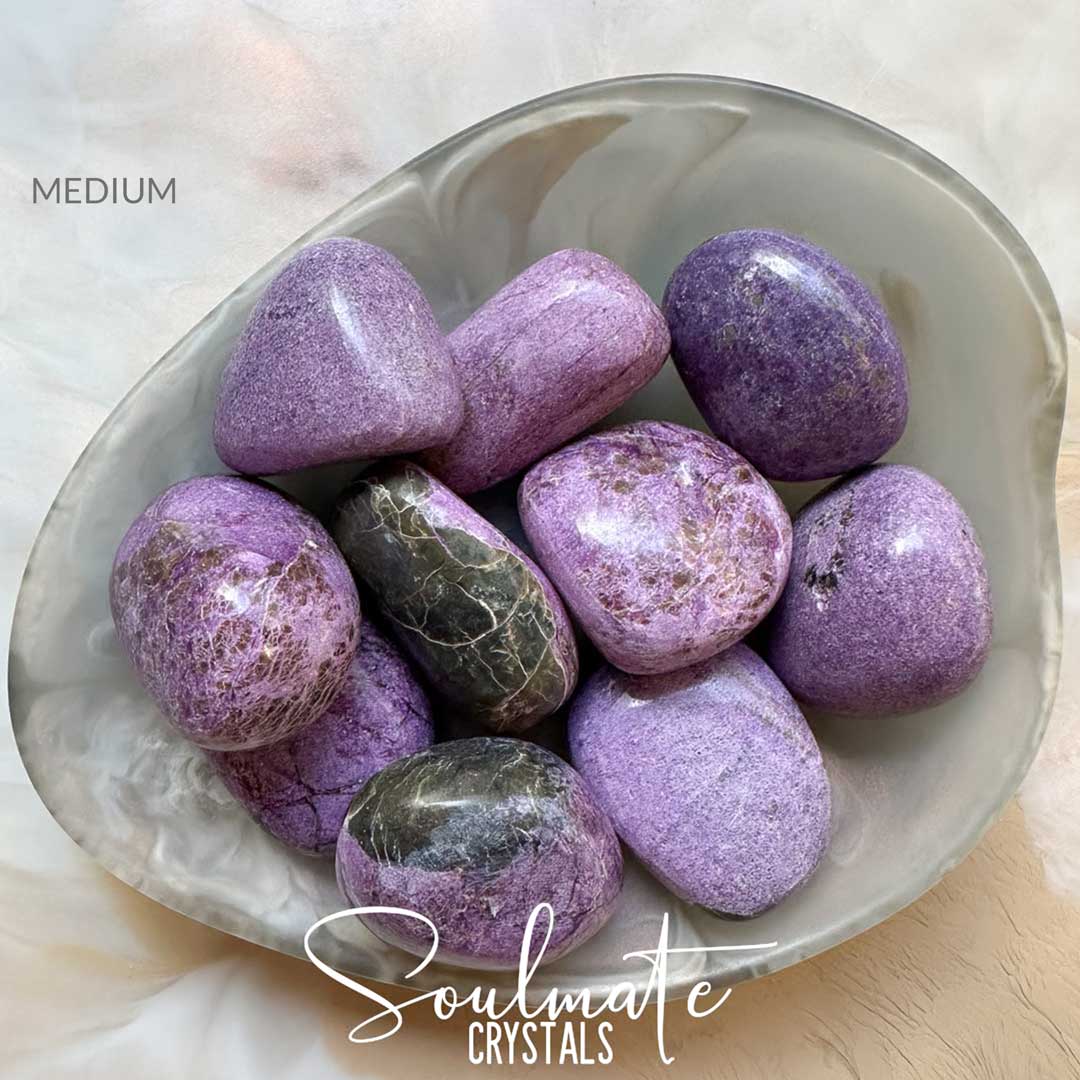 Soulmate Crystals Stichtite Tumbled Stone, Lavender Purple Crystal Green Serpentine Inclusions for Transformation, Wisdom, Inner Growth Spiritual Development, Emotional Wellbeing.