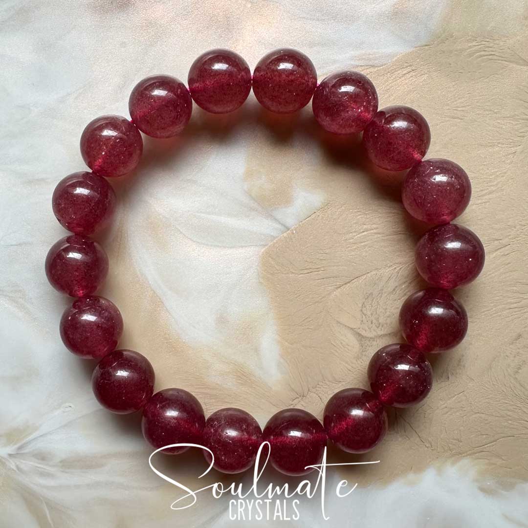 Soulmate Crystals Strawberry Quartz Polished Crystal Bracelet, Ruby Red Crystal for Self-Esteem, Love, Kindness, Gratitude, Stretchy Beaded Crystal Bracelet, Jewellery, Wearable Crystal Jewellery.