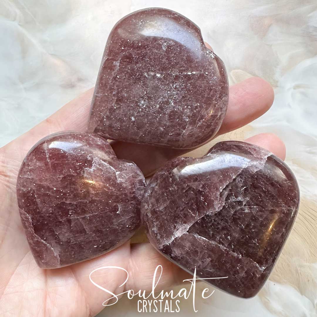 Soulmate Crystals Strawberry Quartz Polished Crystal Heart, Mid-Deep Ruby Red Crystal Heart for Self-Love and Joy