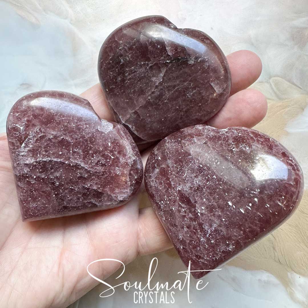 Soulmate Crystals Strawberry Quartz Polished Crystal Heart, Mid-Deep Ruby Red Crystal Heart for Self-Love and Joy