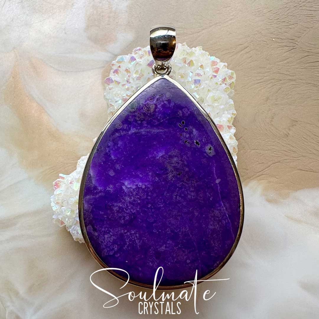 Soulmate Crystals Sugilite Polished Crystal Pendant Teardrop XXL Sterling Silver Grade AA. Vivid Violet rare crystal for Love, Inner Peace, Spiritual Protection, Wellness, Empath Stone, Violet Flame.