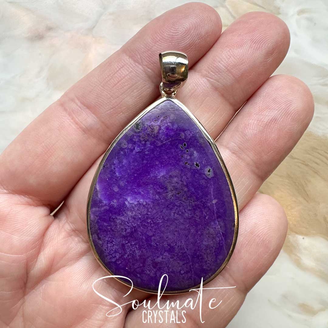 Soulmate Crystals Sugilite Polished Crystal Pendant Teardrop XXL Sterling Silver Grade AA. Vivid Violet rare crystal for Love, Inner Peace, Spiritual Protection, Wellness, Empath Stone, Violet Flame.