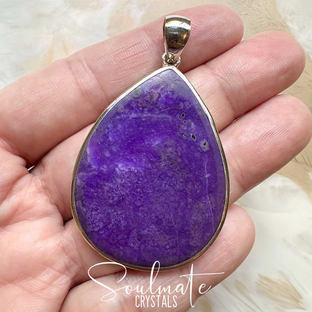 Soulmate Crystals Sugilite Polished Crystal Pendant Teardrop XXL Sterling Silver Grade AA. Vivid Violet rare crystal for Love, Inner Peace, Spiritual Protection, Wellness, Empath Stone, Violet Flame.