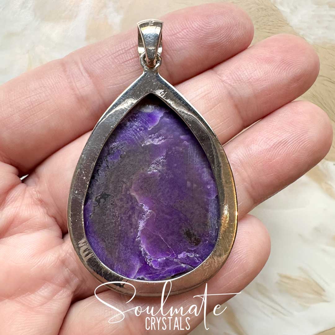 Soulmate Crystals Sugilite Polished Crystal Pendant Teardrop XXL Sterling Silver Grade AA. Vivid Violet rare crystal for Love, Inner Peace, Spiritual Protection, Wellness, Empath Stone, Violet Flame.