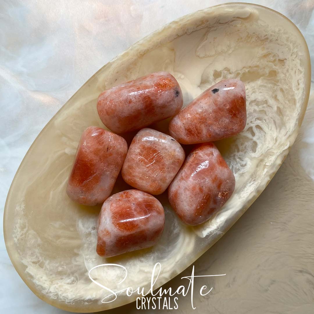 Soulmate Crystals Sunstone Polished Crystal Palm Stone, Orange Crystal for Joy, Positivity, Motivation, Optimism, Vitality, Creativity.