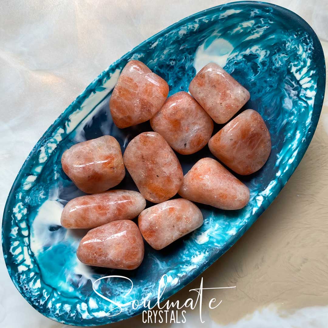 Soulmate Crystals Sunstone Polished Crystal Palm Stone, Orange Crystal for Joy, Positivity, Motivation, Optimism, Vitality, Creativity.