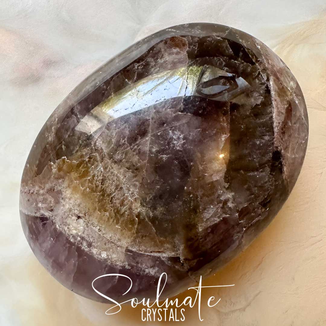Soulmate Crystals Super Seven Cacoxenite Polished Crystal Energy Stone Pebble Palm Stone, Purple Black Crystal for Calm, Harmony, Goal Setting, Intentions.